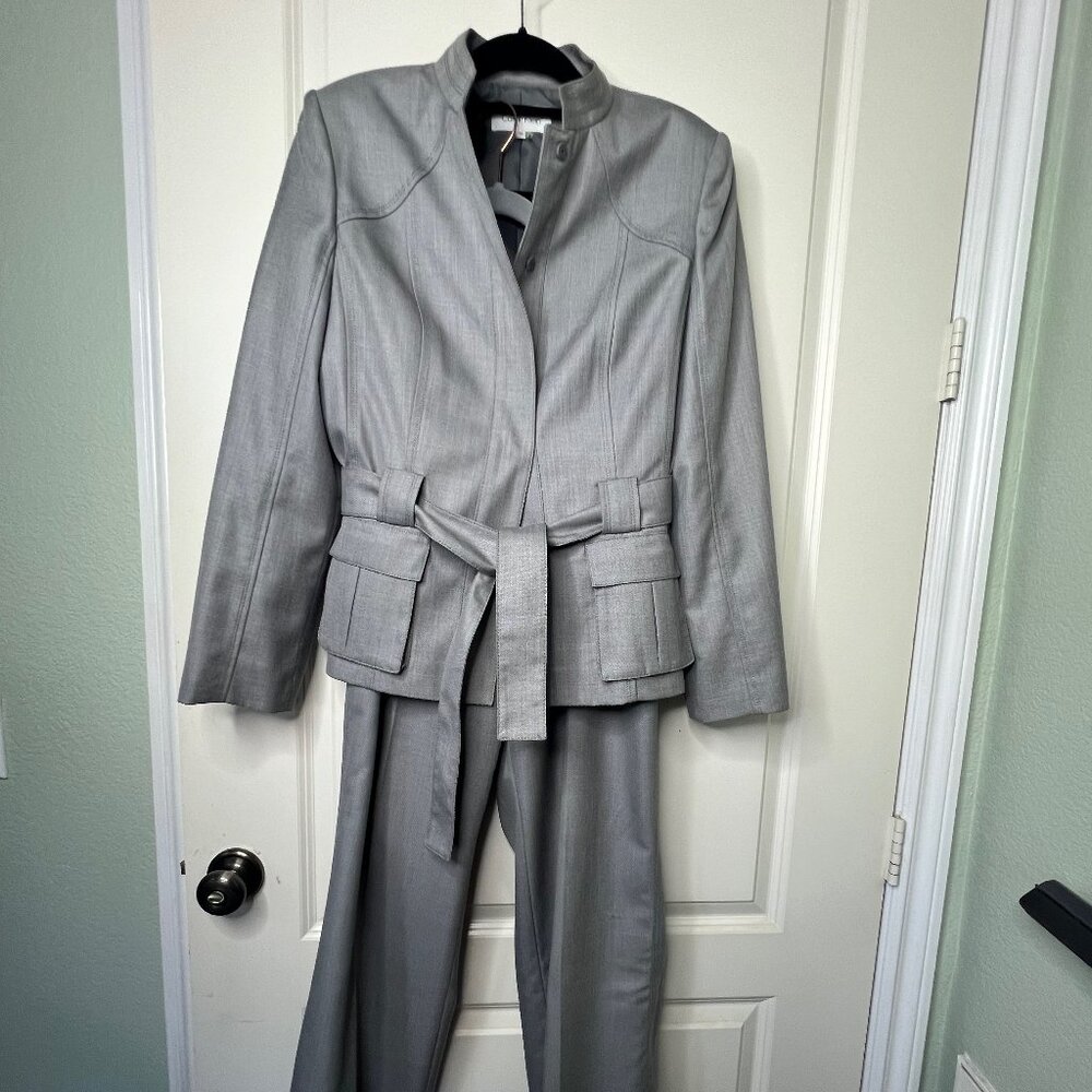 Calvin Klein Sz 12 Gry Snap Button Tie-Waist Flap Pockets Blazer & Pants